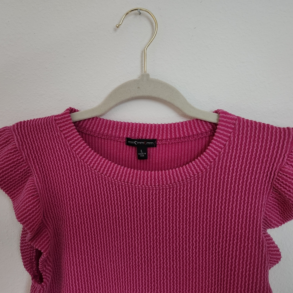 Bright Pink Ribbed Ruffle Sleeve Cropped Knit Top - Picture 3 of 7